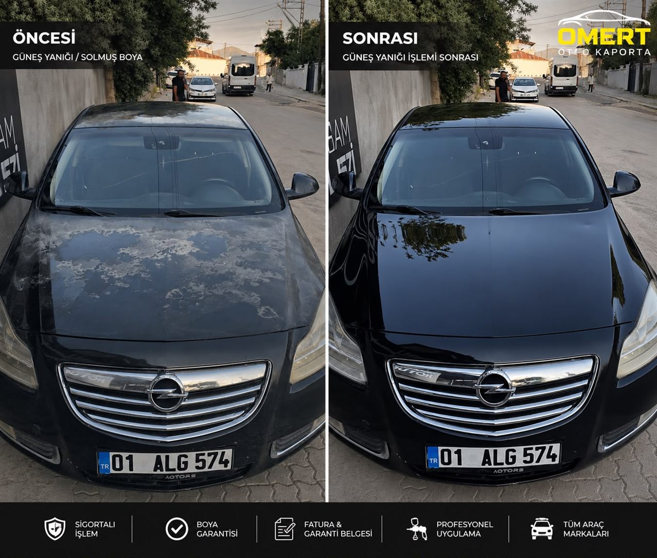 Opel kaput güneş yanığı boya onarımı öncesi ve sonrası